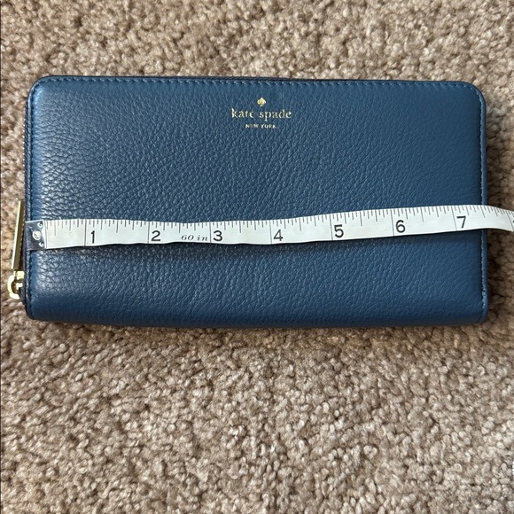 kate spade Blue Pebbled Leather Zip Around Wallet with Gold Logo - Picture 2 of 6